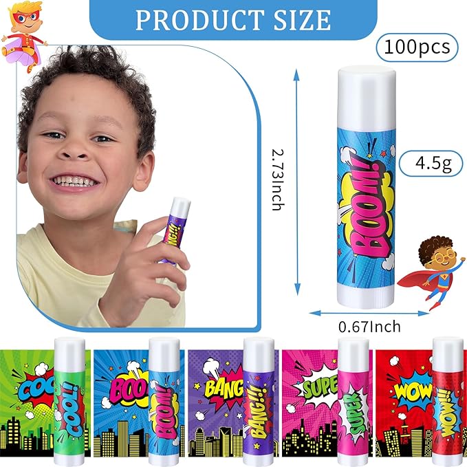 100 Pcs Hero Party Favors Lip Balms Bulk for Kids Birthday Party Moisturizing Lip Balm for Hero Themed Celebration Gifts Lip Care Products for Classroom Rewards Favor Party Supplies
