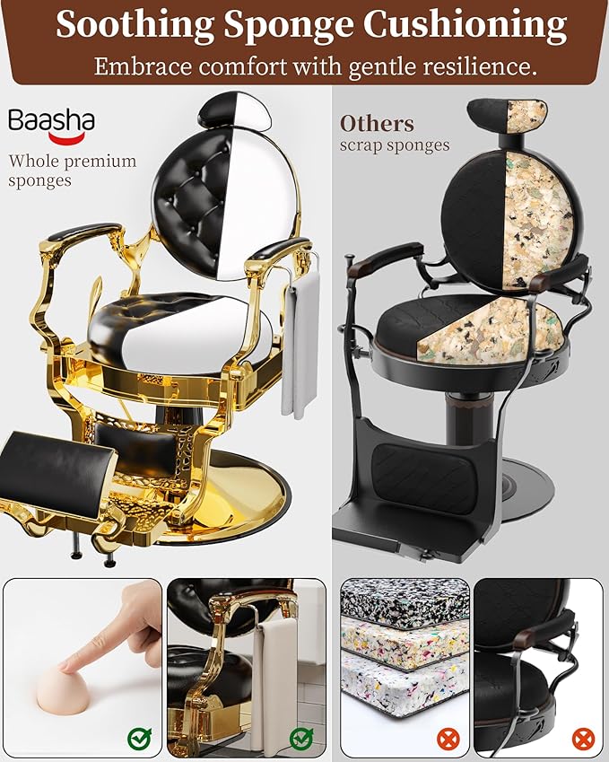 Baasha Vintage Reclining Barber Chair with Adjustable Headrest, Heavy-Duty Metal Frame & Cushion Support, Gold Trim Salon Chair, 550 lbs Capacity