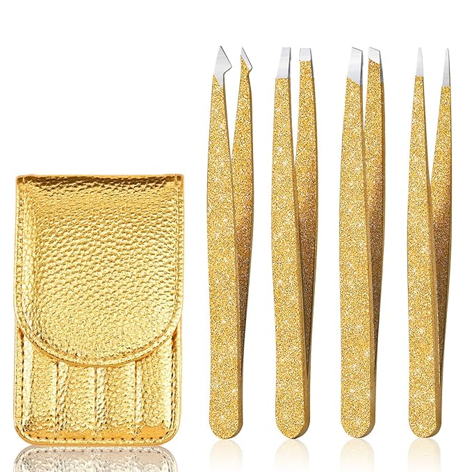 Eyebrow Tweezer Set, 4 Pcs Professional Stainless Steel Tweezers for Women, Precision Tweezer for Facial Hair, Splinter and Ingrown Hair Removal（Glod）
