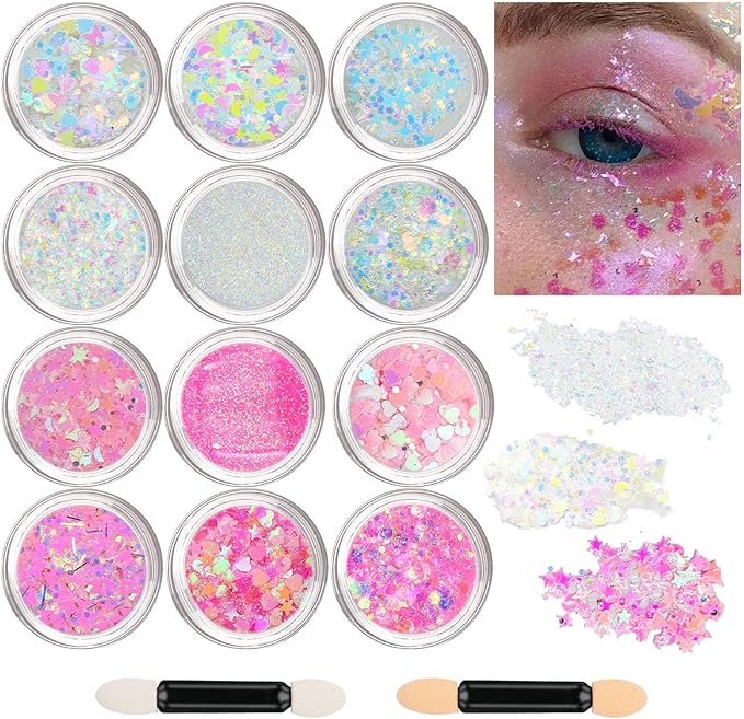 12 Colors Face Glitter Body Glitter Gel Set, Makeup Gel for Body, Hair, Face and Eye, Suitable for Musical Festival Carnival Dance Halloween Party Beauty Mermaid Sequins Makeup