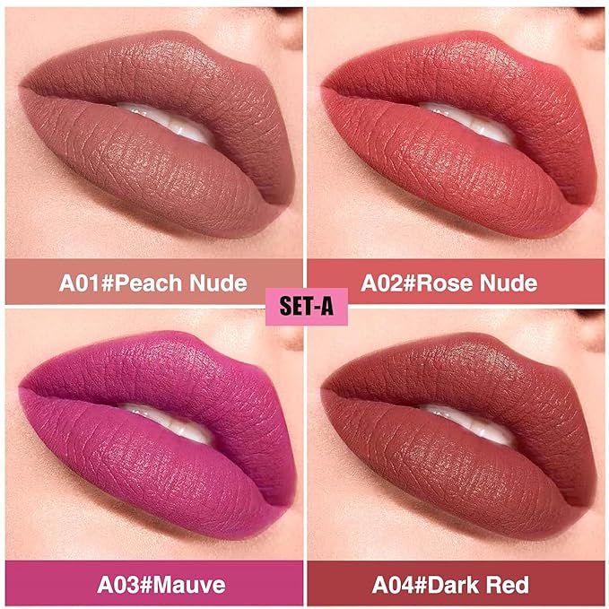 4Pcs Pink Nude Peach Light Purple Rose Wood Matte Lipstick Set，Creamy Matte+Lipsticks，Hydrating Balm-in-Lipstick，Velvety Finish for Women Daily Lip Makeup，High-pigment Formula，Easy to use and color