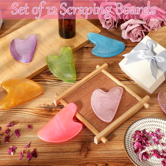 Sherr 12 Pcs Gua Sha Facial Tools Resin Heart Shaped Massage Guasha Tool for Face Guasha Board for Spa Women Body Skin Care Reduce Muscle Tensions, 12 Colors(Sweet Color)