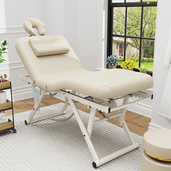 pouseayar Adjustable Massage Table with Face Pillow & Headrest, Sturdy and Solid, Silent and Easy to Adjust - Adjustable Backrest, Electric Leg Lifting, Beige Gray