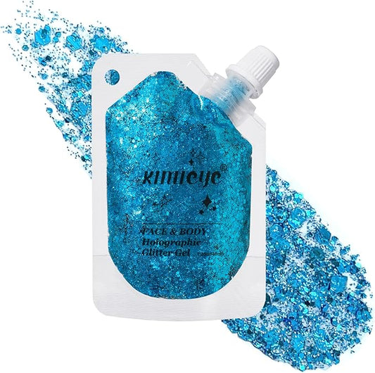 Holographic Face Glitter Gel Body Shimmer Makeup for for Hair, Face, Clavicle, Arm, Nail, Eyeshadow, Long Lasting Waterproof Mermaid Sequins Party Glitter for Rave Festival, 1.35oz (Sky Blue #8)