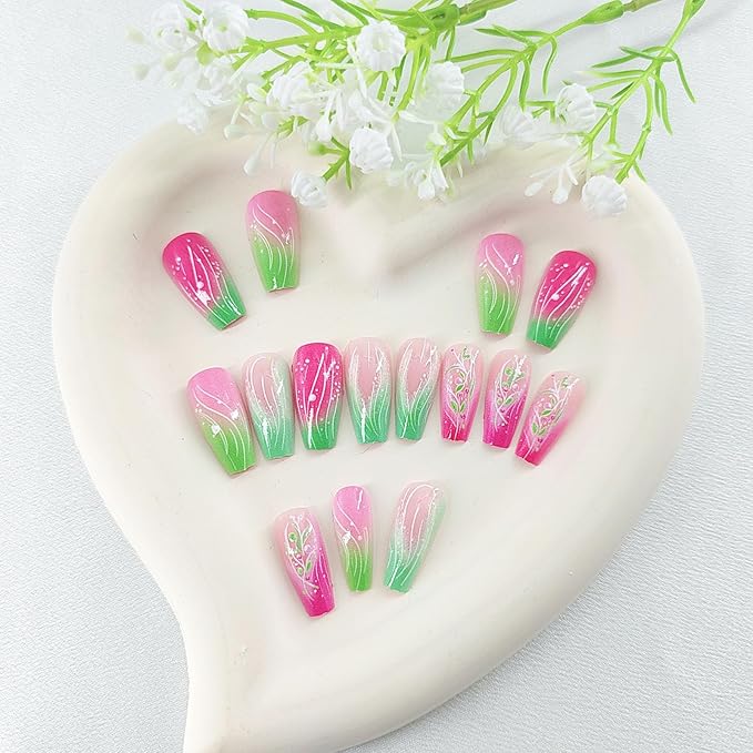 French Press on Nails Coffin Medium Fake Nails Red Pink Stick on Nails with Leaves Designs Green Glue on Nails Lines Acrylic Nail Press ons Gradient Artificial Manicure Full Cover for Women 24Pcs