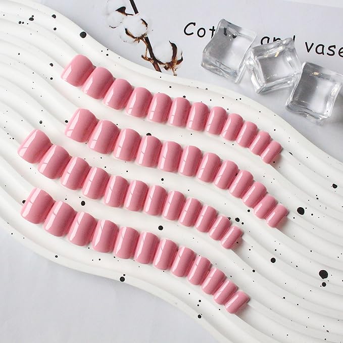 48 Pieces Rose Pink Square Press on Nails Short,KQueenest Gel Fake Nails Short Coffin,Pure Bright Color Natural Petite Nails,Solid Stick on Nails Press on for Women