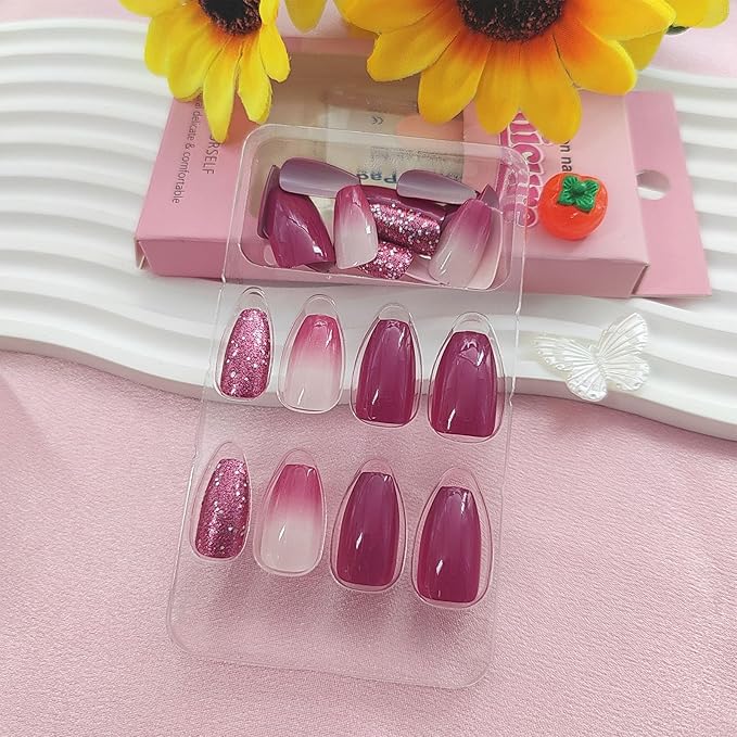 Press on Nails Short Coffin Fake Nails with Glitter Designs Gradient Nails Press ons Glossy Glue on Nails Purple Acrylic Nails Daily Wear Nature False Nails Stick on Nails for Women 24Pcs