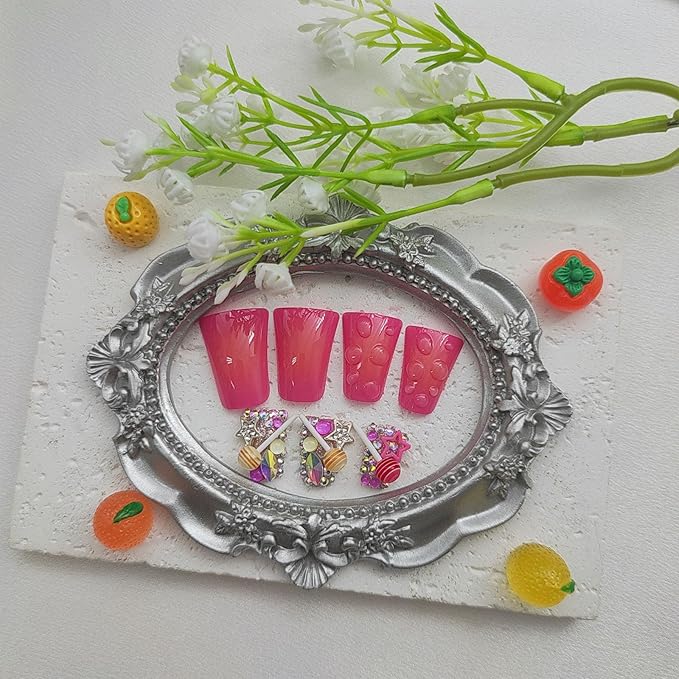 Duck Press on Nails Medium Fake Nails with Candy Star Rhinestones Charms Designs Gradient Nails Press ons Pink Acrylic Nails for Women 24Pcs