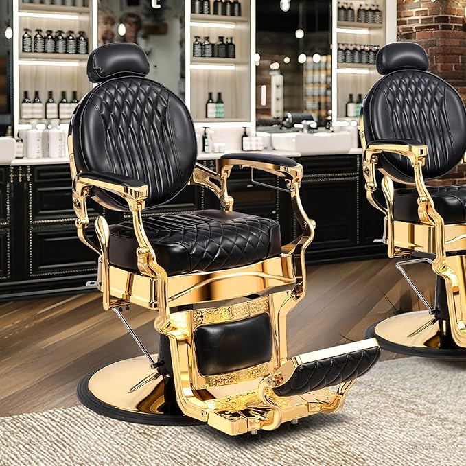 OmySalon Retro Barber Chair Heavy Duty, Aluminum Alloy Frame, Adjustable Headrest, Extra Wide Footrest, Hydraulic Salon Chair for Hair Stylist Reclining All Purpose for Beauty Spa Shampoo, Black Gold