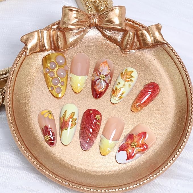 30Pcs Fall French Tip Press on Nails Medium Almond Thanksgiving Fake Nails 3D Flower with Gold Bead Glitter Designs Autumn Holiday Stick on Nails with Glue Maple Leaf False Nails for Women Acrylic
