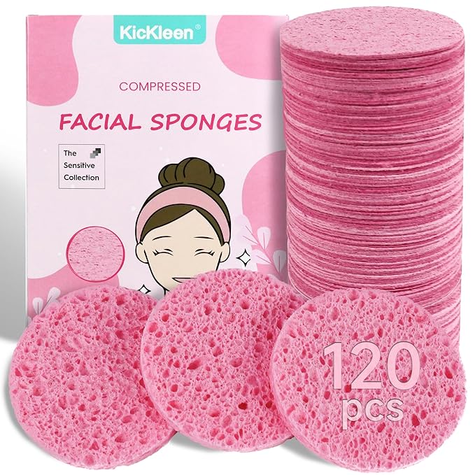 120-Count Compressed Facial Sponges|Kickleen 100% Natural Cellulose Cosmetic Spa Sponges for Daily Facial Cleansing|Makeup And Mask Removal|Exfoliating|Skin Massage|Pore Exfoliation (120 Count (Pink))
