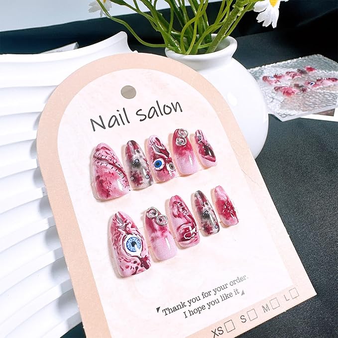 30pcs Horror Halloween Press on Nails Medium Almond Fake Nails with 3D Eyeball Designs Blood False Nails Kit Halloween Acrylic Nails Full Cover Stick on Nail for Women Holiday Nail Decoration