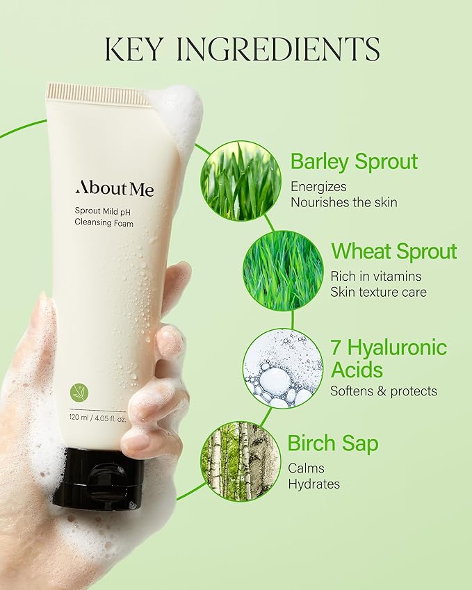 About Me Sprout Mild pH Cleansing Foam – Korean Wheat Broccoli Sprout Extract Face Wash for All Skin Types – Daily Gentle Cleansing with Amino Acids – Korean Skin Care – 4.05oz, 120ml