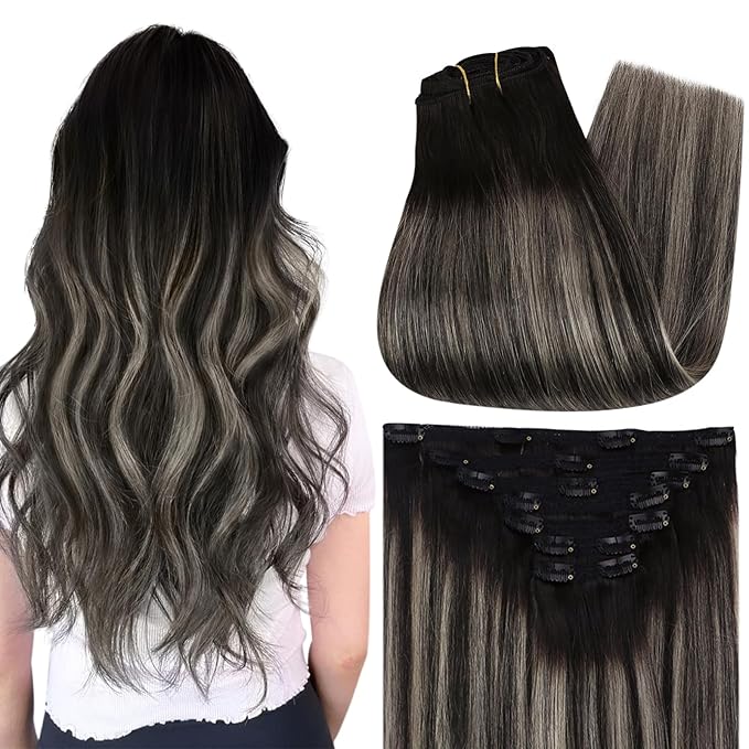 Full Shine Silver Grey Hair Extensions Real Human Hair Clip ins Balayage Black to Silver Double Weft Short Straight Hair Extensions for Women 14 Inch 7 Pcs 120 G