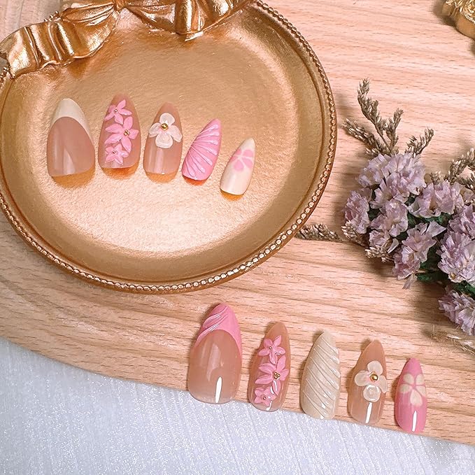 24Pcs French Tip Press on Nails Medium Almond Fake Nails with 3D Flower Gold Beads Designs Pink Yellow Floral Acrylic Nail Tips Full Cover Summer Fall False Nails Cute Flowers Stick on Nails for Women