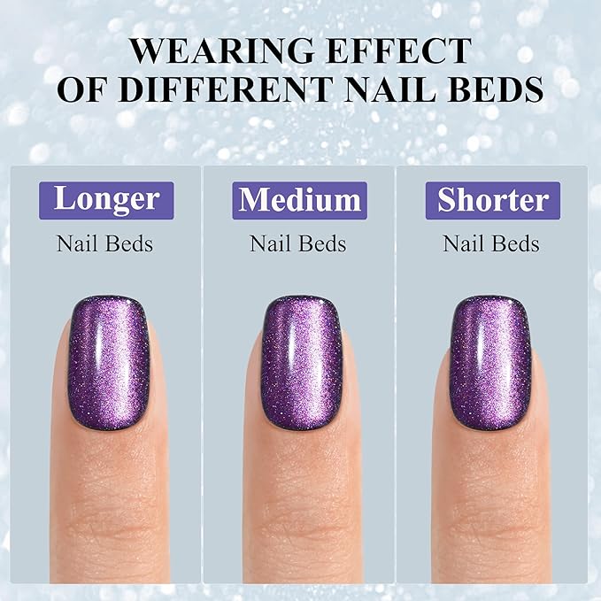 Cat Eye Press on Nails Kit- Milky Way Galaxy, Jofay Fashion Square Short Salon-Like Fake Nails with Deep Purple Glitter, Acrylic False Nails Reusable Full Cover Stick on Fake Nails for Women, 32 Sizes