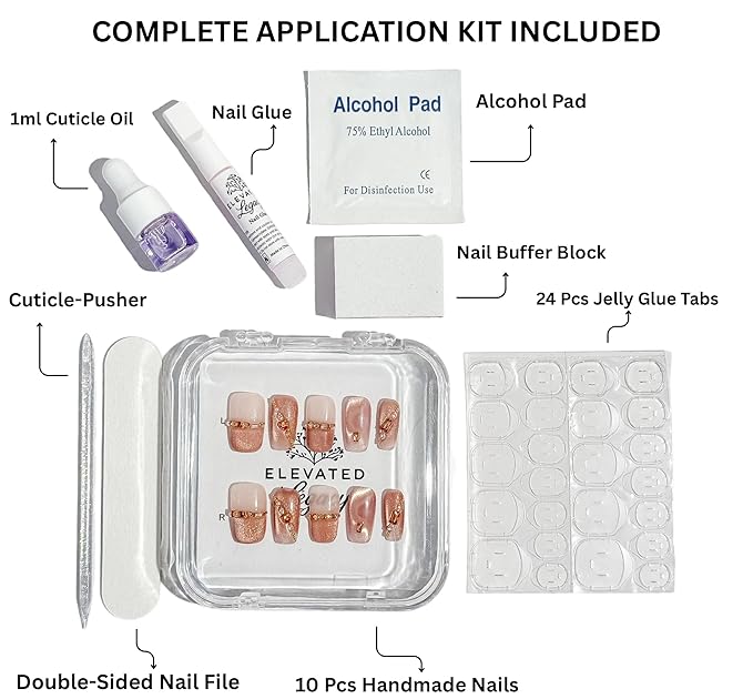 Medium-Champagne Glam Fake Nails Press-On Manicure Kit for Women | French Tip 10 Nails | Nail Glue, Dual Nail File, Cuticle Stick, Buffer Block | Measure Before Ordering