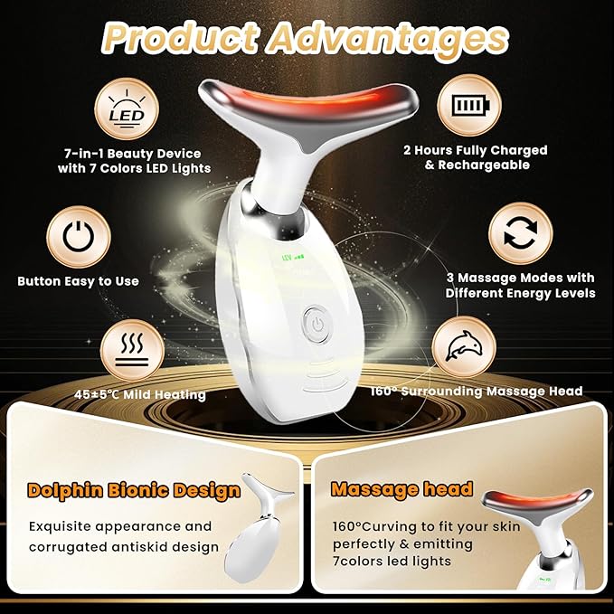 Portable Facial Massager, Multifunctional Facial Skin Care Tools, Face and Neck Massager, Face Sculpting Tool, 7 Color Led Face and Neck Beauty Device for Home Use