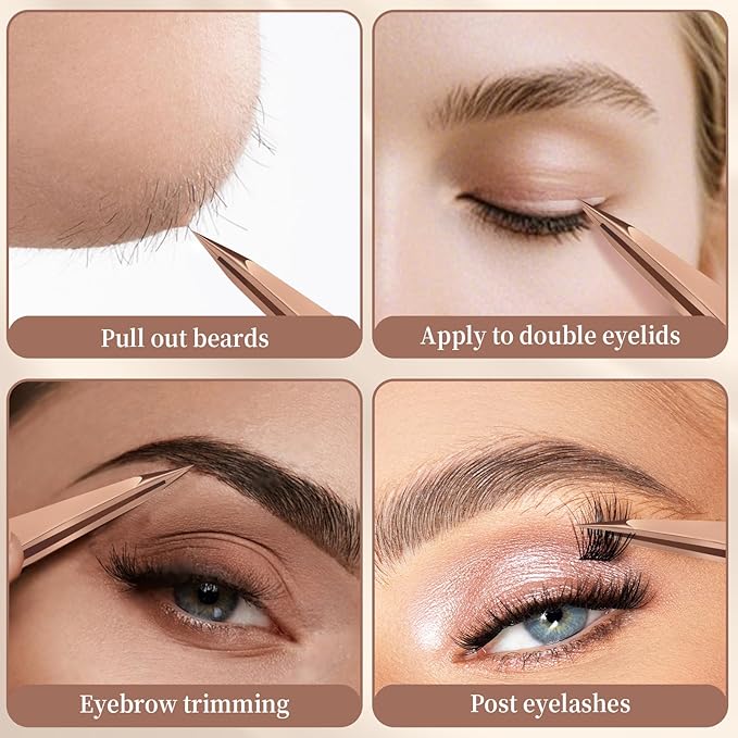 Pointed Tweezers for Women Facial Hair, Sharp & Precision Stainless Steel Tweezer for Eyebrows, Facial Hair and Fine Hairs Removal (Rose Gold)