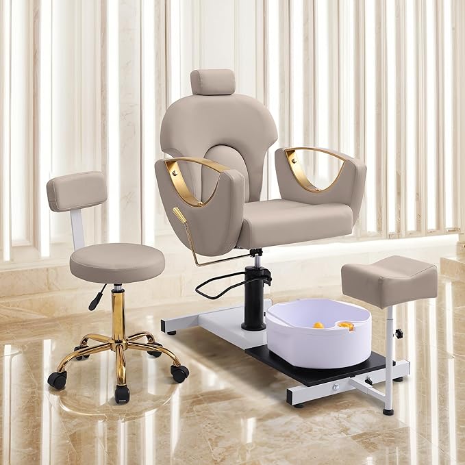 Pedicure Station No Plumbing, Hydraulic Pedicure Chair for Nail Tech, Height Adjustable Reclining Pedicure Station Unit, 360 Degree Swivel Foot Spa Chair with Massage Foot Bath (Grey-Golden)