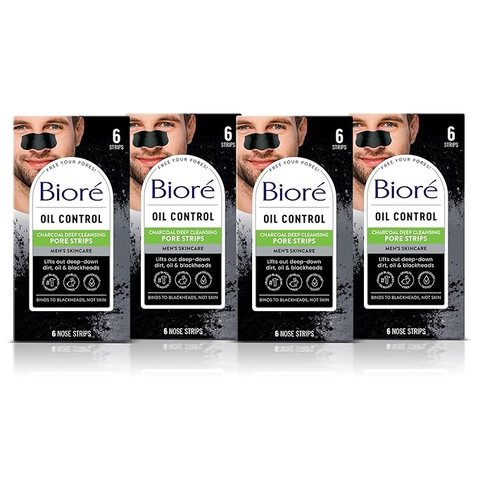 Bioré Men's Blackhead Remover Pore Strips, Charcoal Deep Cleansing Nose Strips for Blackhead Removal on Oily Skin, 6 Count (Pack of 4)