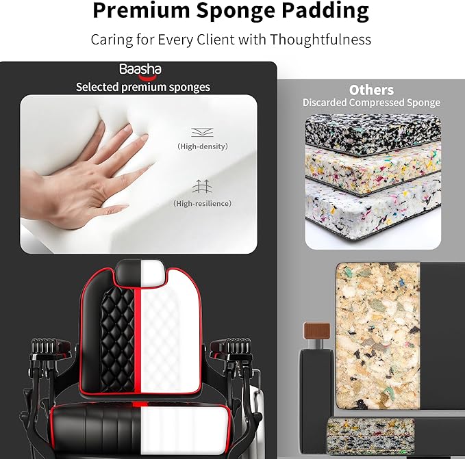 Baasha Black & Red Barber Chair, Plush Reclining Salon Chair with Adjustable Headrest, Wide Stable Base, 360° Swivel, Heavy-Duty for Barbers, 550 lbs