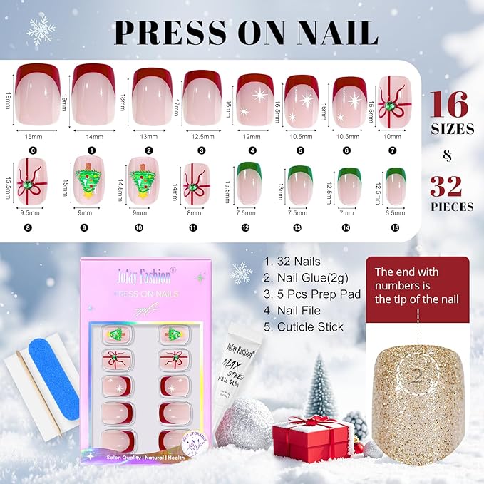 Christmas Press On Nails Short - Jofay Fashion French Tip Press On Nails Square for Gifts, Stick On Nails with Glue, Glossy Reusable Nail Tips in 16 Sizes - 32Pcs Soft Gel Fake Nails Kit