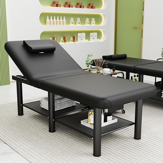 Folding Stationary Massage Table with Backrest and Storage Space, 6 Round Legs Metal Frame PU Leather, 30.5'' Wide × 75'' Long for Treatment Table Physical Therapy Table Spa Facial Bed, Black