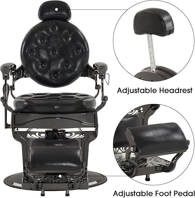 BarberPub Heavy Duty Metal Vintage Barber Chair All Purpose Hydraulic Recline Salon Beauty Spa Chair Styling Equipment 8914 (Black with Black Frame)