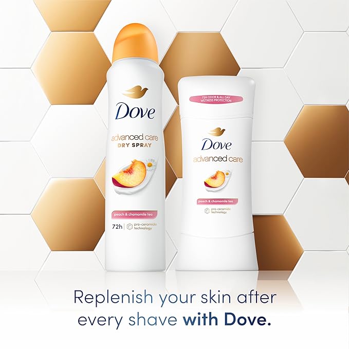 Dove Advanced Care Antiperspirant Deodorant Stick Peach & Chamomile Tea 4 Count for helping your skin barrier repair after shaving 72 hour odor control and all-day sweat protection 2.6 oz