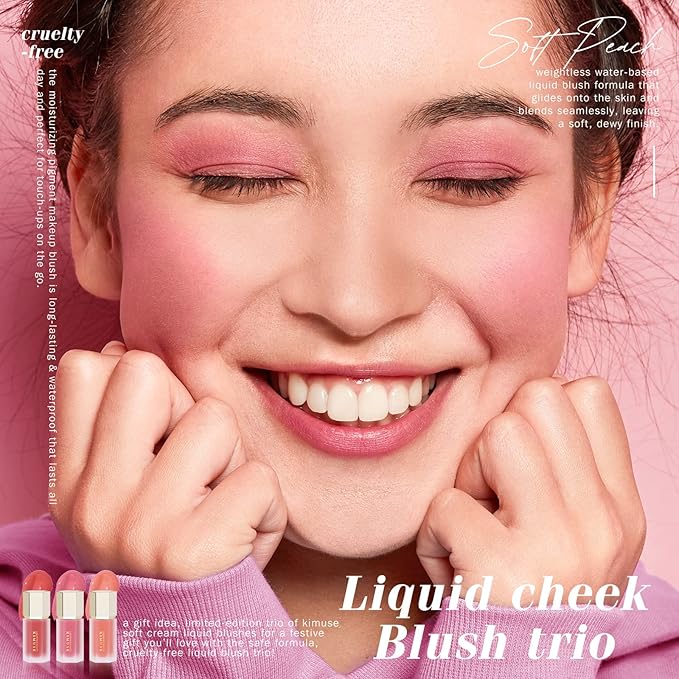 KIMUSE Soft Cream Blush - Liquid Blush for Cheeks, Long-Wearing Pigmented, Waterproof & Smudge Proof, Dewy Finish