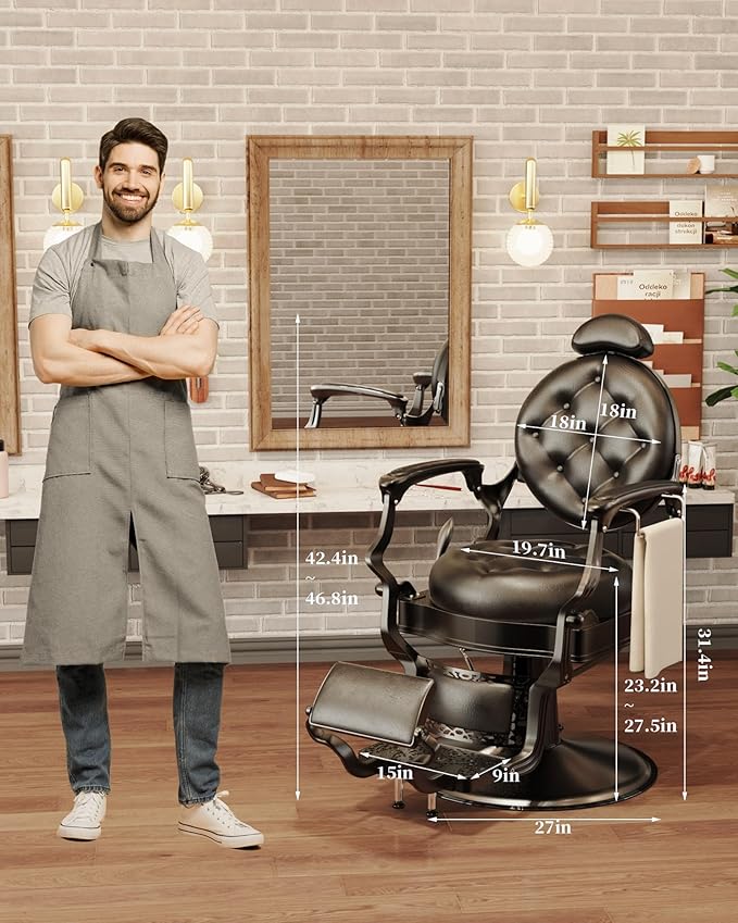 Baasha Classic All-Black Barber Chair, Retro Reclining Salon Chair with Thick Padding & Adjustable Headrest, Heavy-Duty Construction, Tattoo & Hair Chair