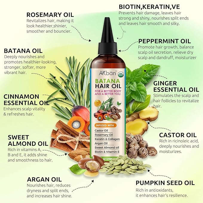 100% Pure Batana Oil for Hair Growth with Castor, Rosemary, Pumpkin, Infused With Biotin, Keratin & Vitamin E, Premium Hair Blend Oils for Hair Growth & Strengthening Hair Treatment, 4 FL OZ