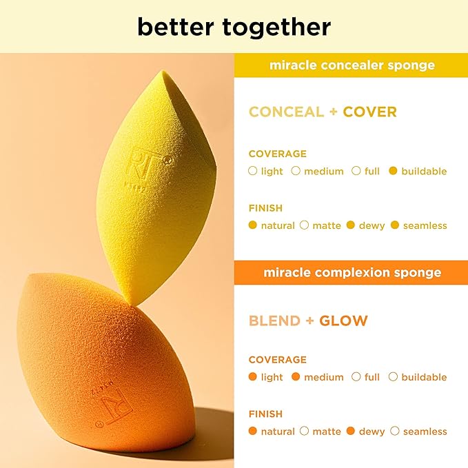 Real Techniques Miracle Complexion Sponge + Concealer Sponge Duo, Makeup Blending Sponges For Foundation & Concealer, Offers Light To Medium Coverage, Natural, Dewy Makeup, Latex-Free Foam 2 Count