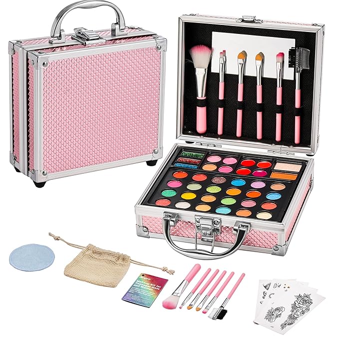 Anpro All-In-One Makeup Carry Case with Pro Teen Makeup Set, Full Starter Cosmetics Kit with Makeup Brushes, Eye Shadows Palette, Blushes, Glitter Gel, Temporary Tattoo Stickers - Blue
