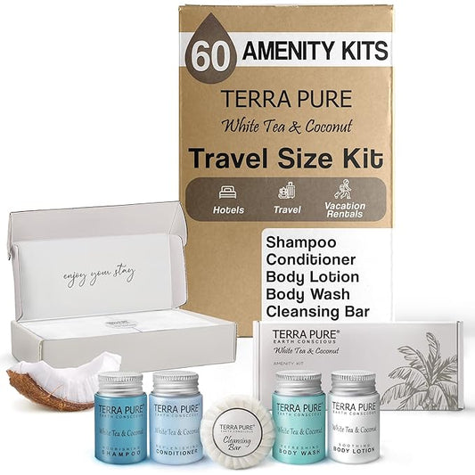 Terra Pure White Tea & Coconut Amenity Kit | Hotel Bulk Toiletries | 1 oz Shampoo, Conditioner, Lotion, Body Wash, Cleansing Bar for Guest Hospitality Vacation Rentals | 60 Sets/Case