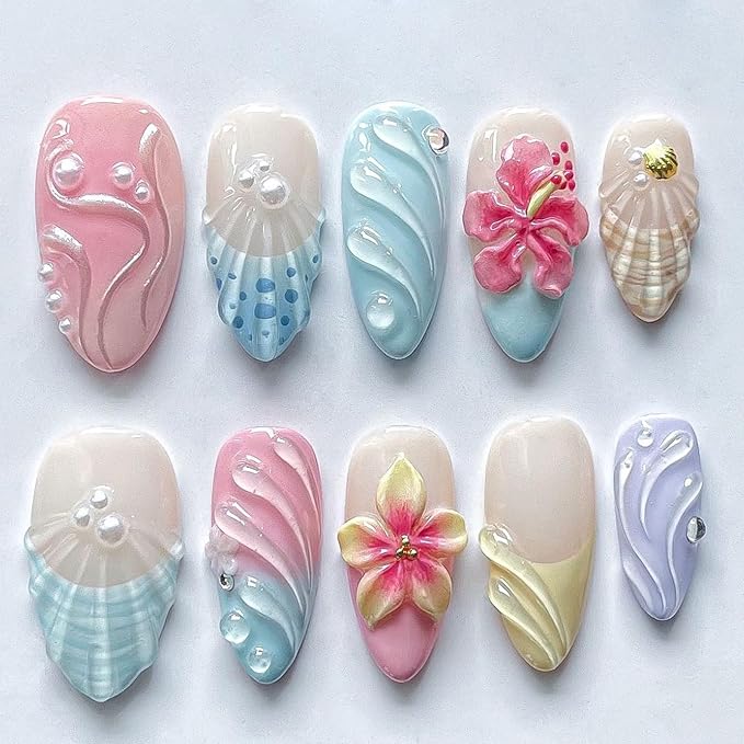 IMRAIN Press on Nails Medium Almond Fake Nails with Pearl & Flower Design Glossy Acrylic False Nails Full Cover Artificial Gel Handmade Glue on Nails Summer Stick on Nails for Women DIY Nail