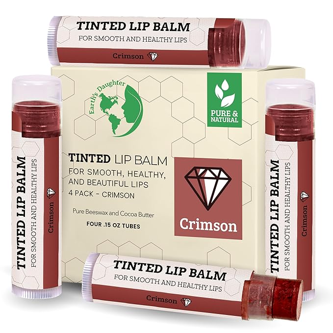 Earth's Daughter Tinted Lip Balm Crimson Color Stocking Stuffers 4-pack, Beeswax, Coconut Oil, Cocoa Butter, Vitamin E, Moisturize and Beautify - Paraben Free