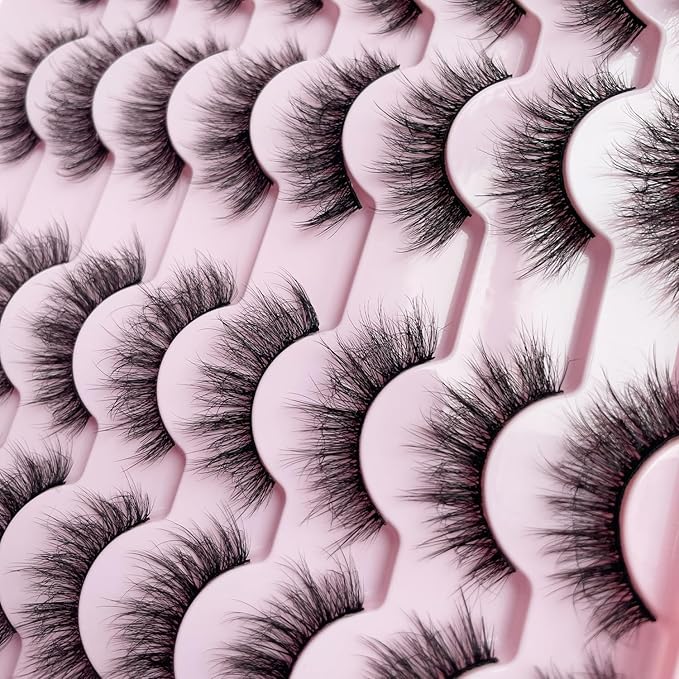 KSYOO Mink Lashes Strips 3D False Natural Fluffy Wispy Eyelashes 8-15mm Short Cat Eye Lashes Full Volume Russian D Curl Strip Eyelash 16 Pairs