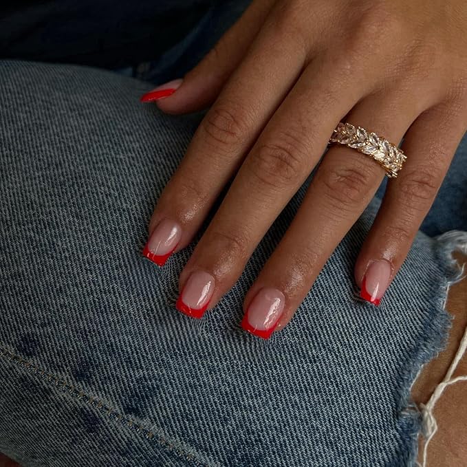 30Pcs Red French Tip Press on Nails Short Square Nails Press ons, Short Fake Nails Coffin Acrylic French Glue on Nail False Nail for Women Natural15 Sizes
