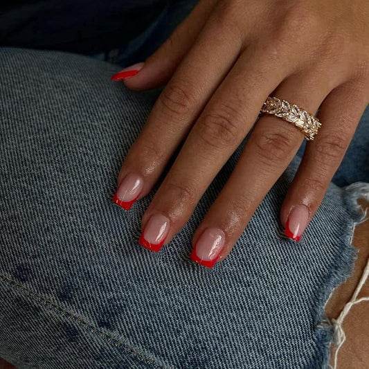 30Pcs Red French Tip Press on Nails Short Square Nails Press ons, Short Fake Nails Coffin Acrylic French Glue on Nail False Nail for Women Natural15 Sizes