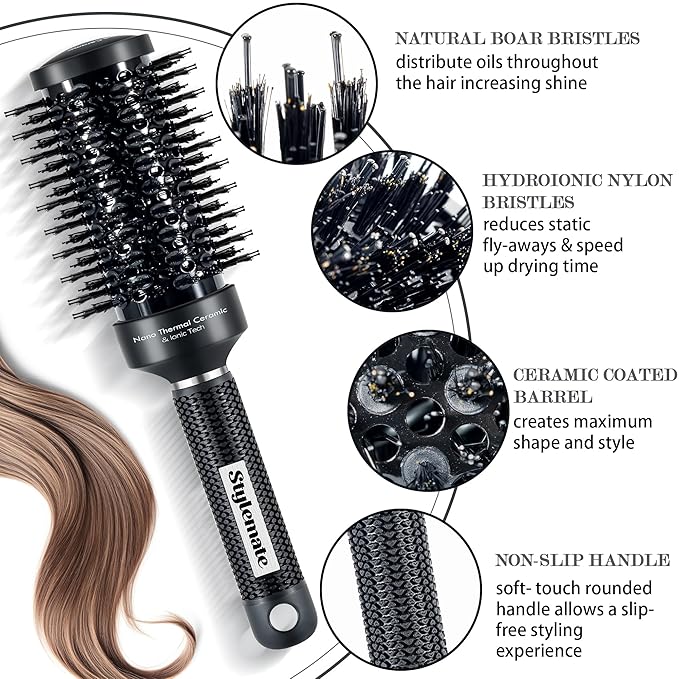 Round Hair Brush, (Barrel 1.3 inch, 32mm) Nano Thermal Ceramic & Ionic Tech Round Barrel Roller Hair Brush with Boar Bristles for Blow Drying-Black