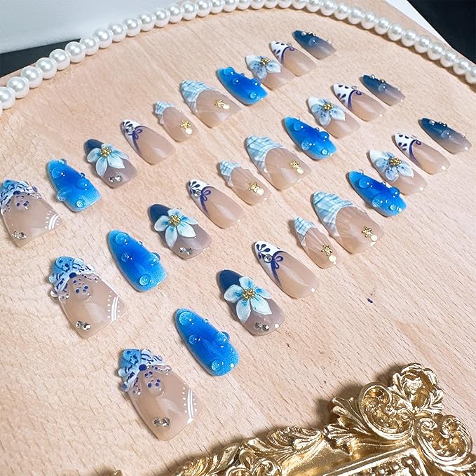 30pcs Blue Flower Press on Nails Medium Almond Fake Nails with Shell Floral Pearl Designs French Tip False Nails Kit Summer Beach Acrylic Nail Tips Full Cover Glue on Nails for Women