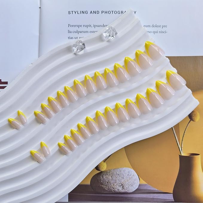 30 Pcs Yellow French Tip Press on Nails Short Almond, Acrylic Fake Nails with Glue Medium Stiletto Shape, Acrylic Natural Glue on Nails for Women, 15 Sizes