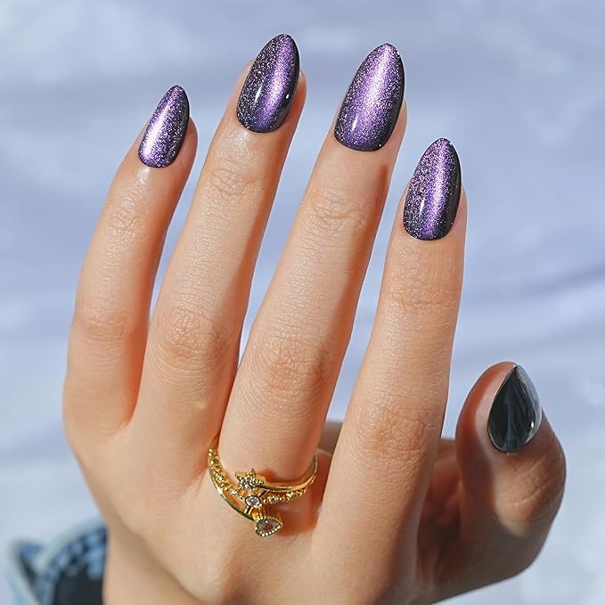 Cat Eye Press on Nails Short, Jofay Fashion Stylish Purple Press on Nails Almond, Soft Gel Fake Nails, Reusable & Natural Acrylic False Nails, Glue on Nails Kit for Women Gift 32 Pcs