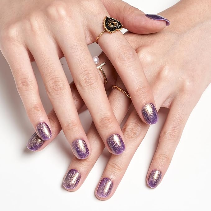 GLAMERMAID Extra Short Press on Nails 24PCS, Handmade Shimmer Purple Fall Gel Glue on Nails, Glossy Round Reusable UV Finish Fake Nails Acrylic False Nails Manicure Kits for Women