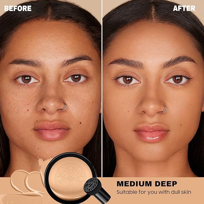 Mushroom Head Air Cushion CC Cream - BB Cream Color Changing Foundation, Full Coverage Concealer for Older Women, Moisturizing & Brightening Foundation for Mature Skin Makeup (Medium Deep)