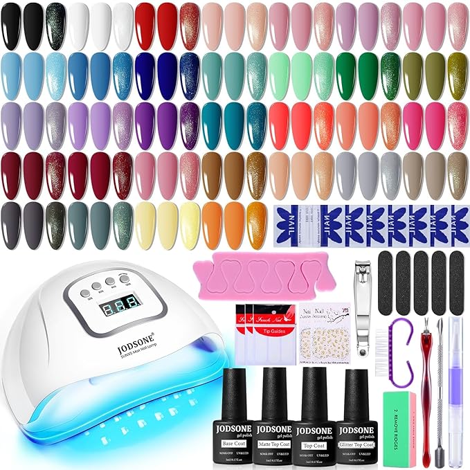 JODSONE Gel Nail Polish Kit with U V Light 32 Colors Gel Polish Nail + 4 Functional Adhesive Bottles Kit Soak Off Manicure Tools Gifts for Women