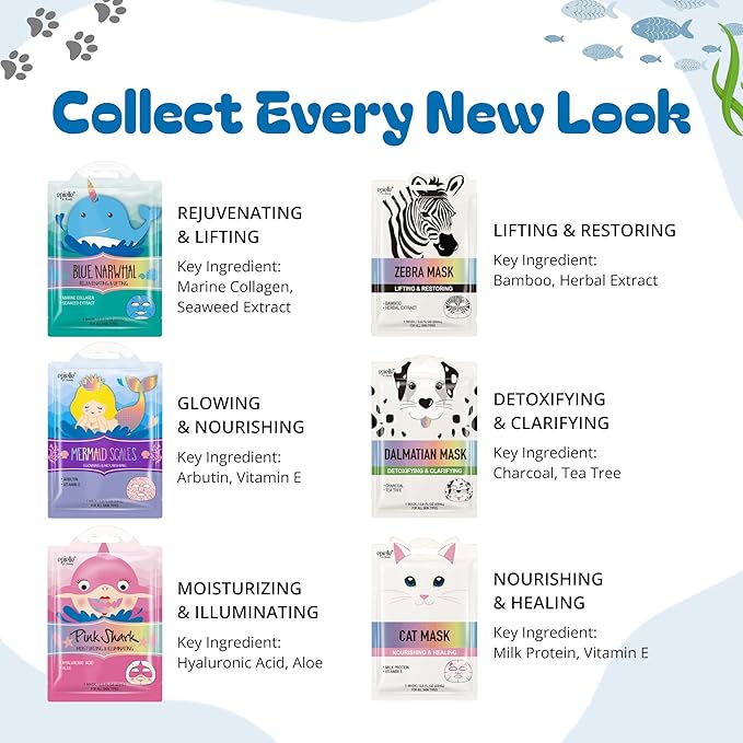 Epielle Character Face Mask Wave & Wild 6 Pack, Fun & Effective Korean Skin Care, Spa Party Favors, Stocking Stuffers, Birthday Gifts for Women, Thanksgiving Essentials