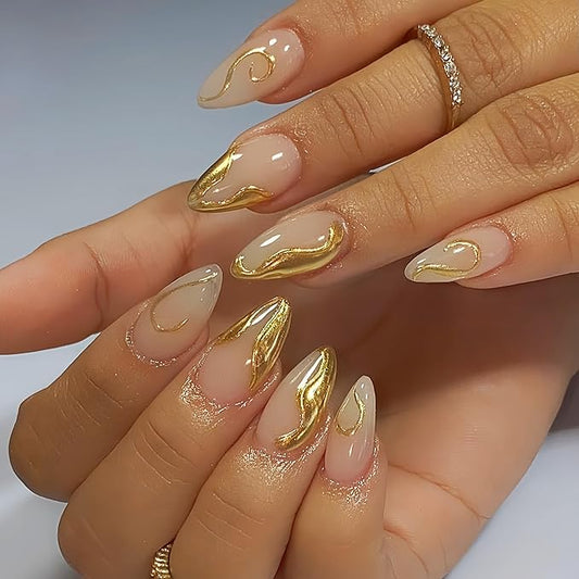 24pcs French Tip Press on Nails Medium Almond Fake Nails Gold French Line False Nails with Design Nude Glue on Nails Chrome Gold Line Artificial Acrylic Full Cover Glossy Stick on Nails for Women